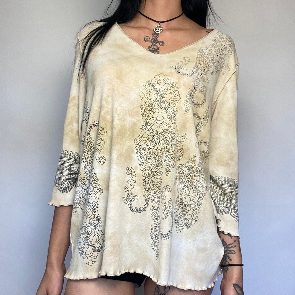 Y2K Avenue Cream Gold Boho Paisley Top Oversized Fairycore Festival Blouse XL
